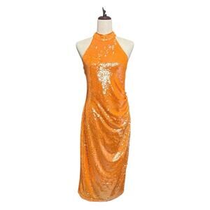 NWT Caroline Constas Orange Sequin Sleeveless Halter Midi Dress Size Small 0982
